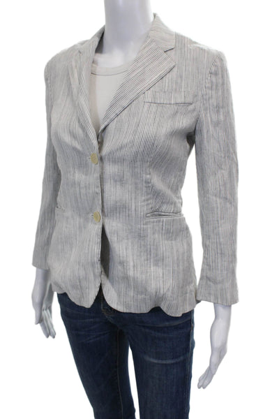 Theory Womens Basic Jacket Linen Striped Gray 3/4 Sleeve Button Size 4