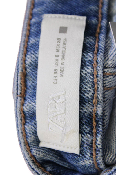 Zara Women Straight Jeans Blue 100% Cotton Mid Rise Button Fly Size 6