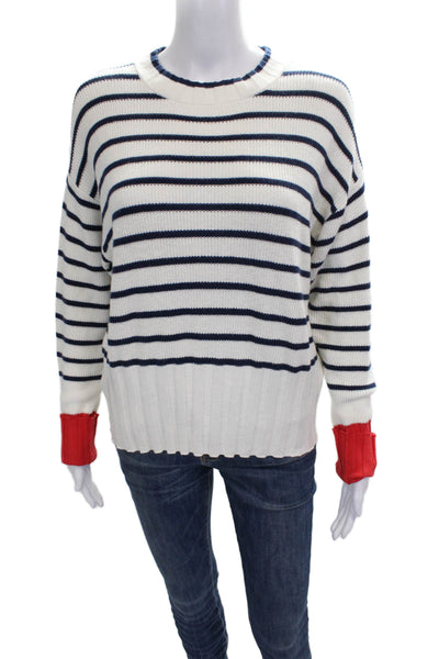 Whisper By Brodie Women Striped Cotton Crewneck Sweater White Longsleeve Size M