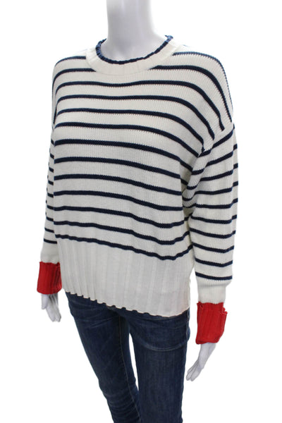 Whisper By Brodie Women Striped Cotton Crewneck Sweater White Longsleeve Size M