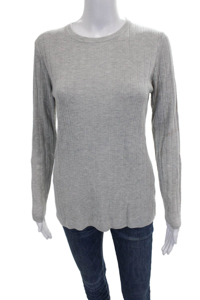 Kokun Women Pullover Striped Bamboo Round Neck Long Sleeve Gray Size M