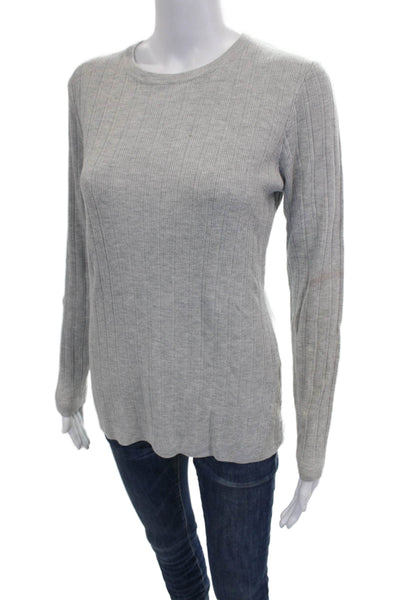 Kokun Women Pullover Striped Bamboo Round Neck Long Sleeve Gray Size M