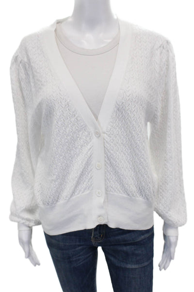 &Isla Womens White V Neck Geometric Cotton Cardigan Sweater Long Sleeve Size S