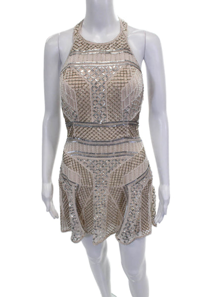 Parker Women Sheath Dress Silk Beige Halter Sleeveless Zip Above Knee Size 4