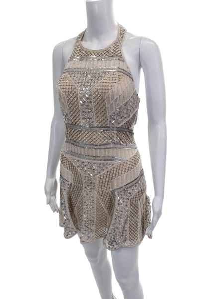 Parker Women Sheath Dress Silk Beige Halter Sleeveless Zip Above Knee Size 4