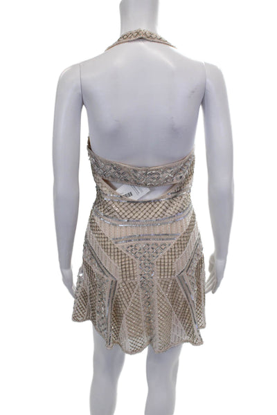 Parker Women Sheath Dress Silk Beige Halter Sleeveless Zip Above Knee Size 4