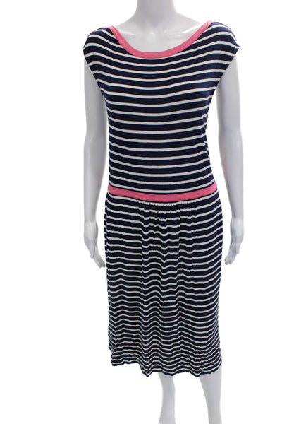 Boden Women T Shirt Dress Blue Striped Boat Neck Short Sleeve Viscose Size 16