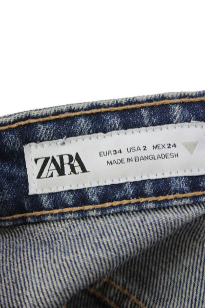 Zara Women Straight Jeans Blue Mid-Rise Cotton Button Fly Size 2