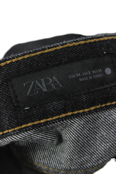 Zara Women Wide Leg Jeans Black Mid Rise Cotton Inseam 30 Size 2