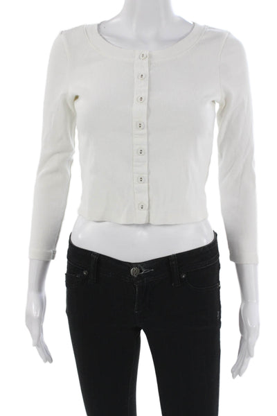 Free-est Women Cropped White Cotton Round Neck 3/4 Sleeve Button-Up Size XS