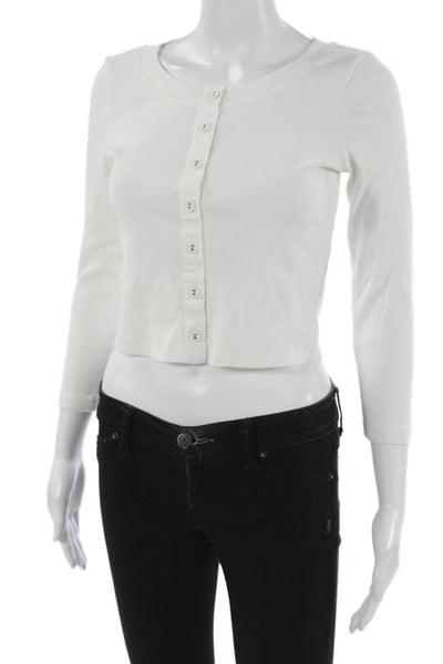 Free-est Women Cropped White Cotton Round Neck 3/4 Sleeve Button-Up Size XS