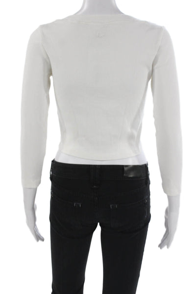 Free-est Women Cropped White Cotton Round Neck 3/4 Sleeve Button-Up Size XS