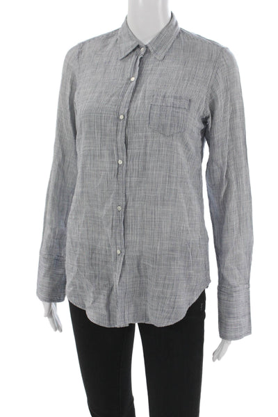 Nili Lotan Womens Striped Cotton Collared Button-Up Long Sleeve Blue Size XS