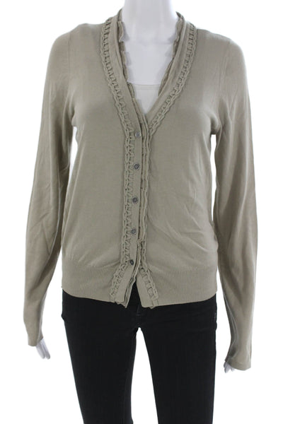 Elie Tahari Women Beige V-Neck Cotton Solid Long Sleeve Cardigan Petite Size S