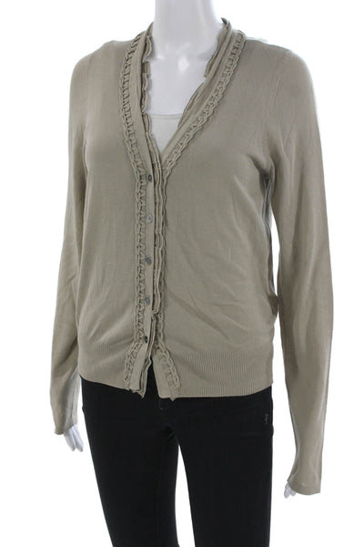 Elie Tahari Women Beige V-Neck Cotton Solid Long Sleeve Cardigan Petite Size S