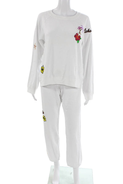 Monrow Women Tropical Floral Polyester Tracksuit Sweatpants White Size L