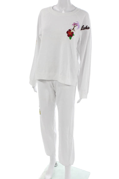 Monrow Women Tropical Floral Polyester Tracksuit Sweatpants White Size L