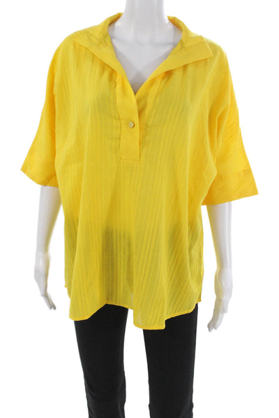 Draper James Women Yellow Cotton Striped Collared 3/4 Sleeve Tunic Size S