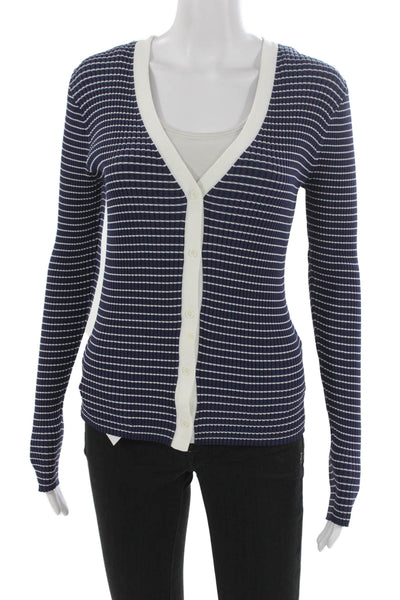 Staud Womens V-Neck Striped Viscose Cardigan Blue Long Sleeve Size L