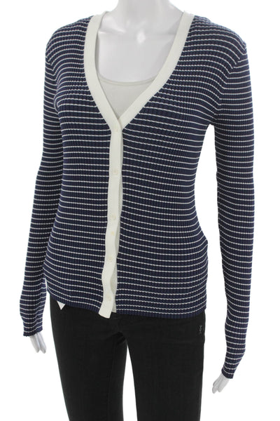 Staud Womens V-Neck Striped Viscose Cardigan Blue Long Sleeve Size L