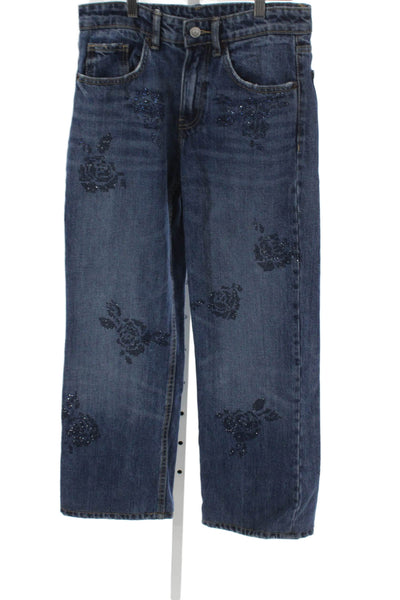 Zara Womens Straight Jeans Floral Blue 100% Cotton High Rise Inseam 26 Size 4