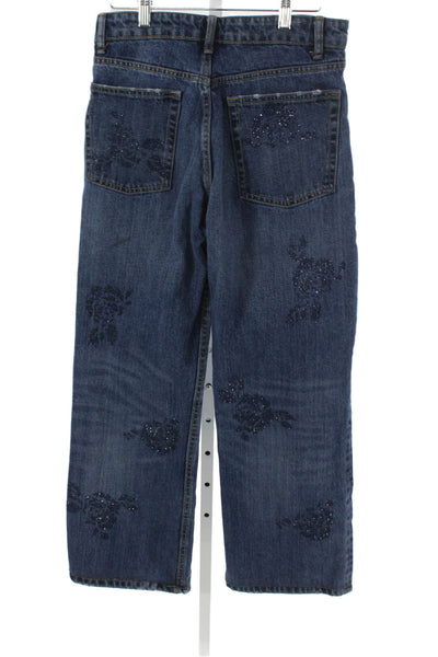 Zara Womens Straight Jeans Floral Blue 100% Cotton High Rise Inseam 26 Size 4
