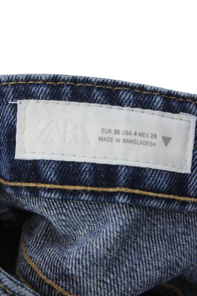 Zara Womens Straight Jeans Floral Blue 100% Cotton High Rise Inseam 26 Size 4
