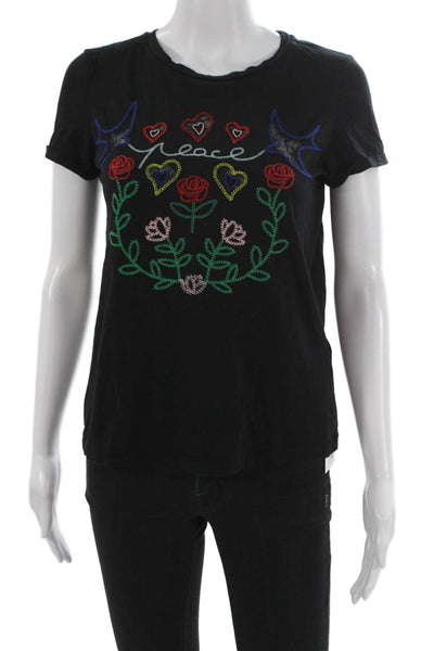 Sandro Women Floral Black Cotton Basic T-Shirt Short Sleeve Size 1