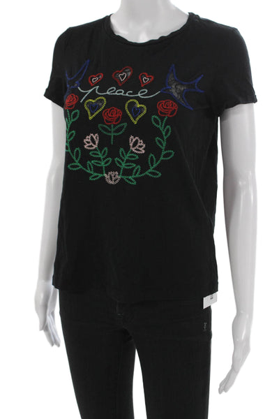 Sandro Women Floral Black Cotton Basic T-Shirt Short Sleeve Size 1
