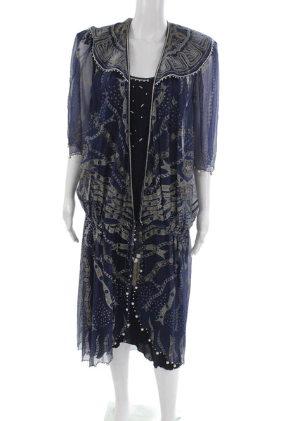 Zandra Rhodes Women Blouson Silk Scoop Neck Geometric Dress 3/4 Sleeve Size M