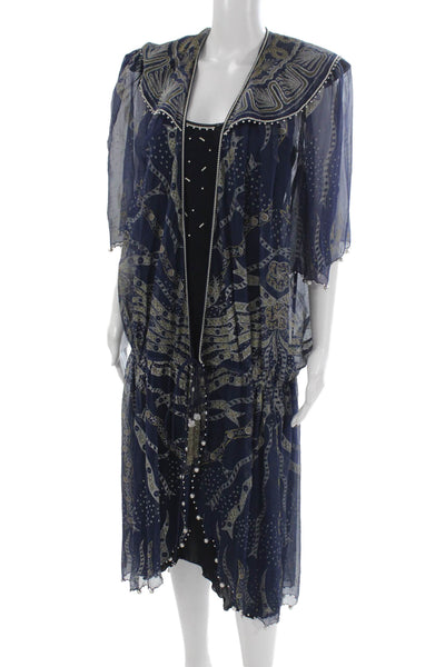 Zandra Rhodes Women Blouson Silk Scoop Neck Geometric Dress 3/4 Sleeve Size M