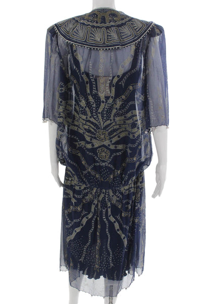 Zandra Rhodes Women Blouson Silk Scoop Neck Geometric Dress 3/4 Sleeve Size M
