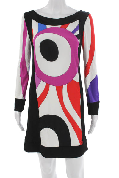 Pucci Womens Shift Dress Multicolor Viscose Boat Neck Long Sleeve Short Size 8
