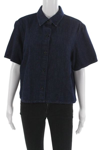Theory Women Cropped Button-Up Blue Cotton Collared Short Sleeve Top Size L