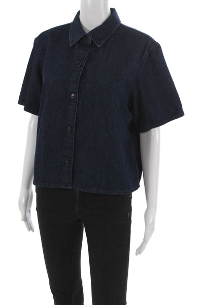 Theory Women Cropped Button-Up Blue Cotton Collared Short Sleeve Top Size L