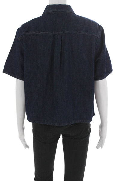 Theory Women Cropped Button-Up Blue Cotton Collared Short Sleeve Top Size L