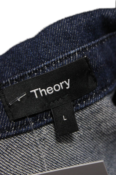 Theory Women Cropped Button-Up Blue Cotton Collared Short Sleeve Top Size L
