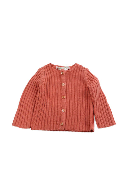 Bonpoint Girls Button Front Crew Neck Ribbed Knit Cardigan Sweater Orange 6M
