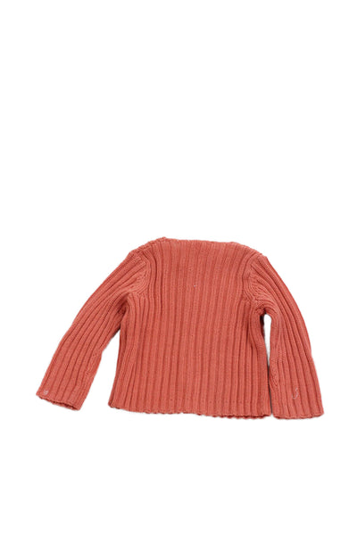 Bonpoint Girls Button Front Crew Neck Ribbed Knit Cardigan Sweater Orange 6M