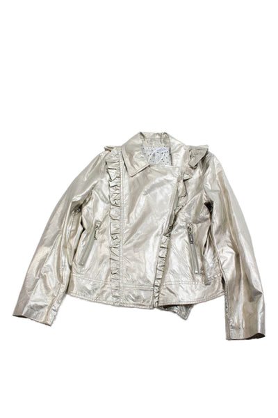 Simonetta Girls Long Sleeve Front Zip Metallic Faux Leather Jacket Gold Size 10