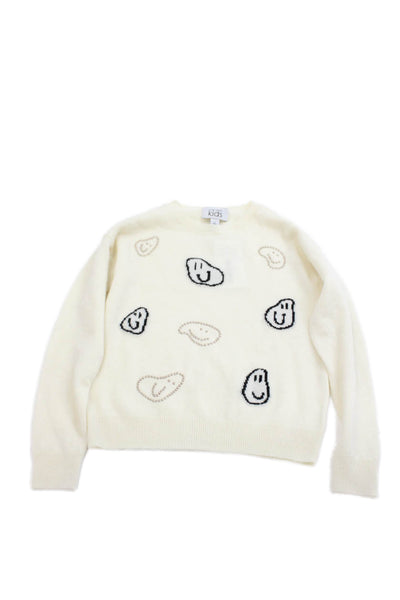 Autumn Cashmere Girls Crew Neck Cashmere Knit Happy Face Sweater White Size 12