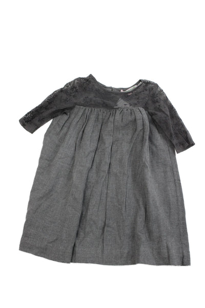 Bonpoint Girls Short Sleeve Embroidered Mesh Trim Dress Gray Cotton Size 3