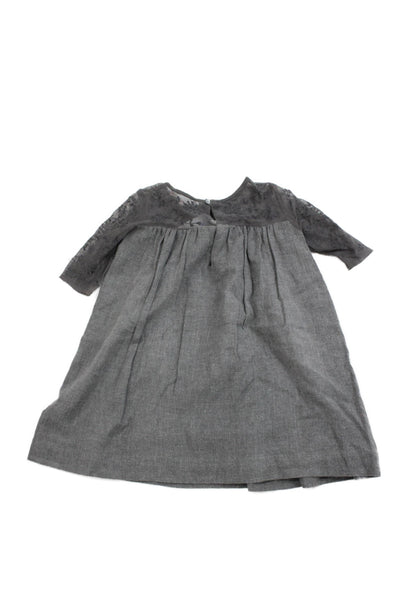 Bonpoint Girls Short Sleeve Embroidered Mesh Trim Dress Gray Cotton Size 3