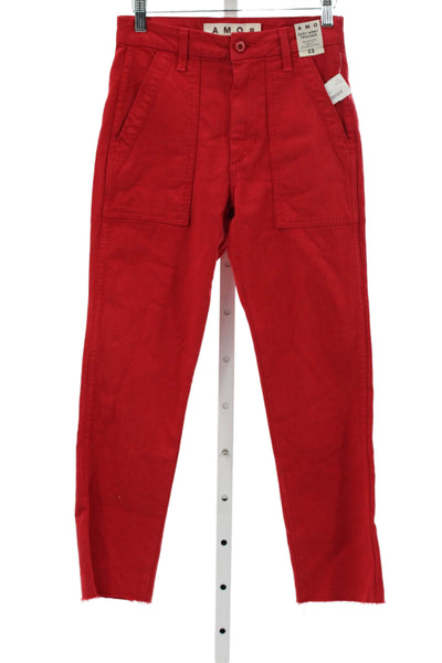 Amo Womens Ankle Pants Red High Rise Cotton Button Size 23