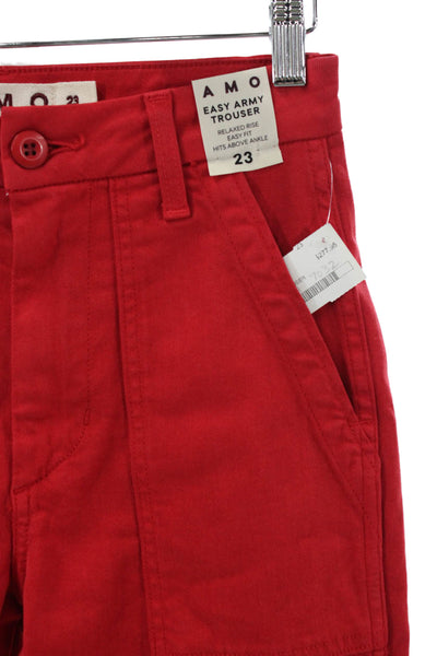 Amo Womens Ankle Pants Red High Rise Cotton Button Size 23
