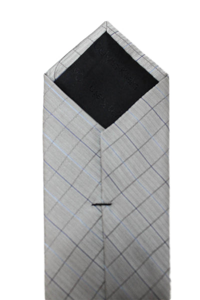 Calvin Klein Mens Silk Plaid Skinny Necktie Grey Blue