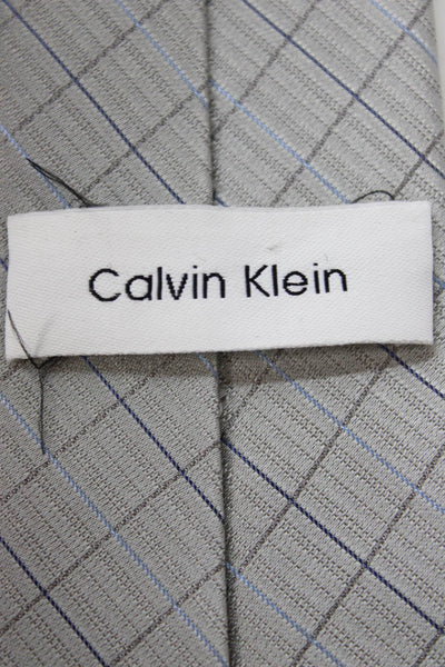 Calvin Klein Mens Silk Plaid Skinny Necktie Grey Blue