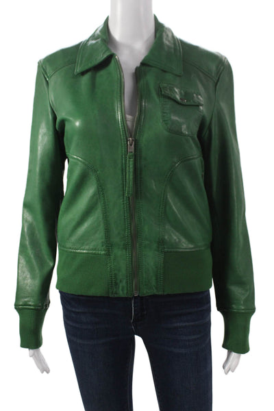 Oakwood Women Green Leather Bomber Jacket Zip Long Sleeve Size S