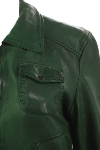 Oakwood Women Green Leather Bomber Jacket Zip Long Sleeve Size S