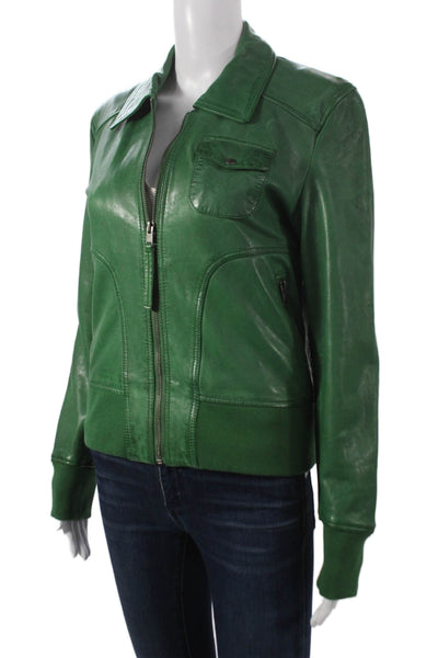 Oakwood Women Green Leather Bomber Jacket Zip Long Sleeve Size S